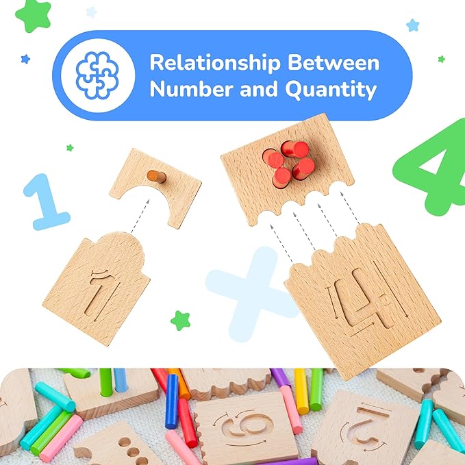 Bimi Boo Counting Peg Boards and Number Tracing for Kids - Wooden Montessori Math Toy for Toddlers and Preschoolers - Math Manipulatives for Kindergarten (55 Pegs, 10 Boards, 1 Pen)