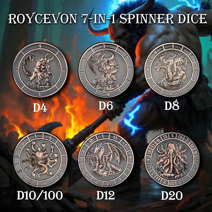 7 in 1 Spinner DND Dice Set D&D, Metal D and D Dice with Gift Box, Dungeons Dragons Role Playing Dice, Copper