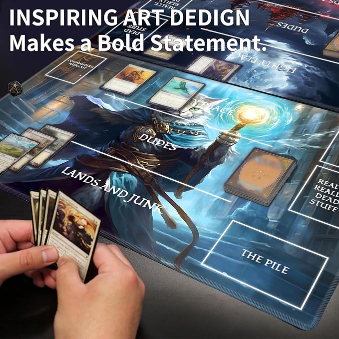 Playmat with Zones for MTG Card Game Playing, 24"x14" Commander Deck Gaming Desk Duel Mat Card Gameplay Mats for Beginner, Cat Wizard Casting Spell