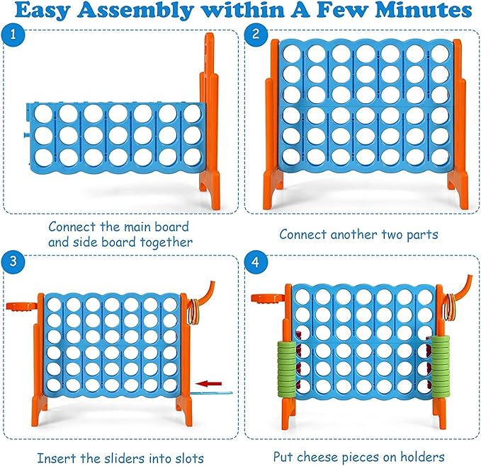 Giant 4 in a Row Connect Game, Jumbo 4 to Score Game Set w/ 42 Chess Rings, Basketball & Hoop, Toss Rings & Quick-Release Lever, Indoor & Outdoor Family Party Game for Kids & Adults