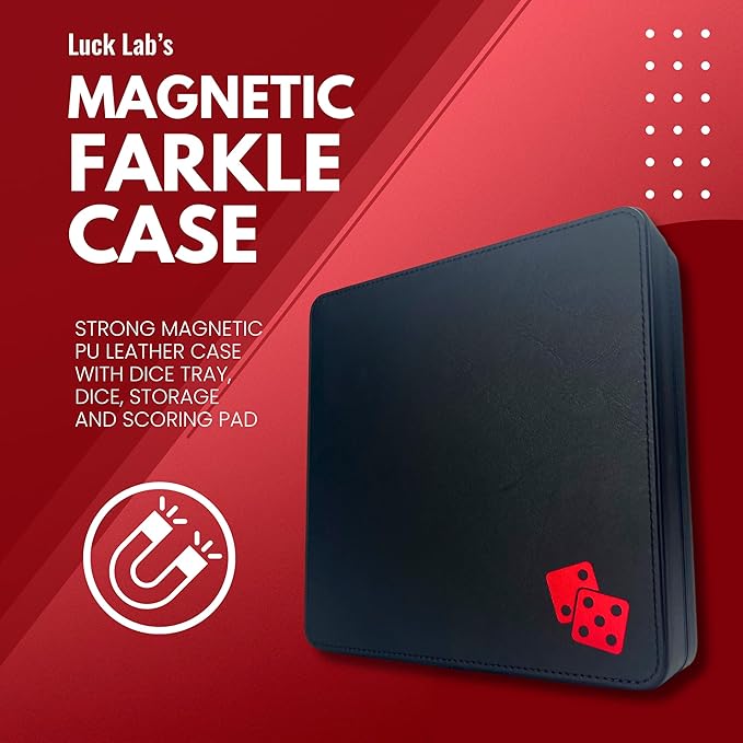 Luck Lab Farkle Dice Tray and Storage Case - Includes Embedded Scoring Combinations, 2 Sets of 6 Pearl Dice, 40 Sheet Score Pad and Pen Holder for The Classic Family Game (Red)