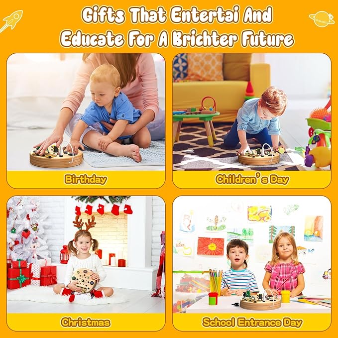 Busy Board, Montessori Toys for 1-3 Year Old - Wooden Sensory Toy with LED Light Switches, Travel Toddler Toys for 1+ Year Old Boys & Girls | Educational Gift for Kids