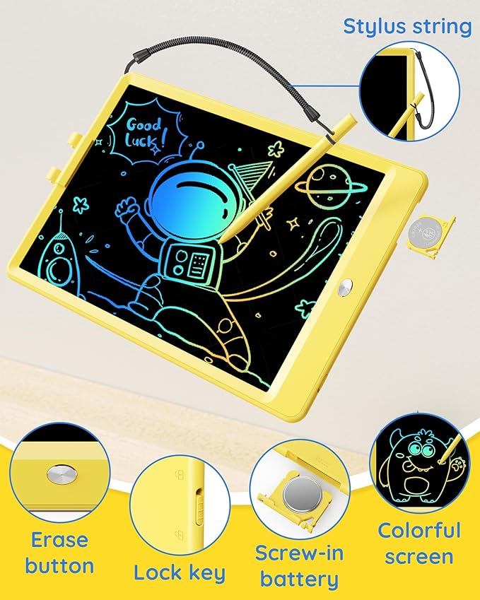 TEKFUN Toys for Girls Boys 10IN LCD Writing Tablet, Magic Doodle Board with Anti-Lost Stylus, Mess Free Coloring for Toddlers Drawing Pad, Toddler Travel Car Plane Trip Toys Gifts (Yellow)
