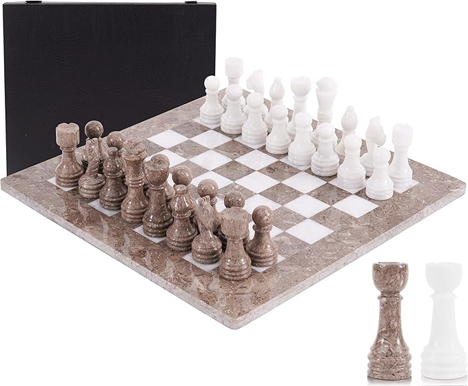 Marble Chess Set 15 Inch Handmade Oceanic & White Board Game with Storage Box, Classic Travel Chess Set for Adults with Pieces & 2 Extra Queens, Elegant Gift & Home Décor