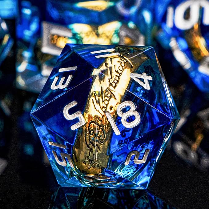 Magic Golden Ring DND Dice Set with Dice Box, Blue Resin Sharp Edge D and D Dice for use with D&D Tabletop Games Handmade Lord Polyhedral Dice Set D20 D12 D10 D8 D6 D4