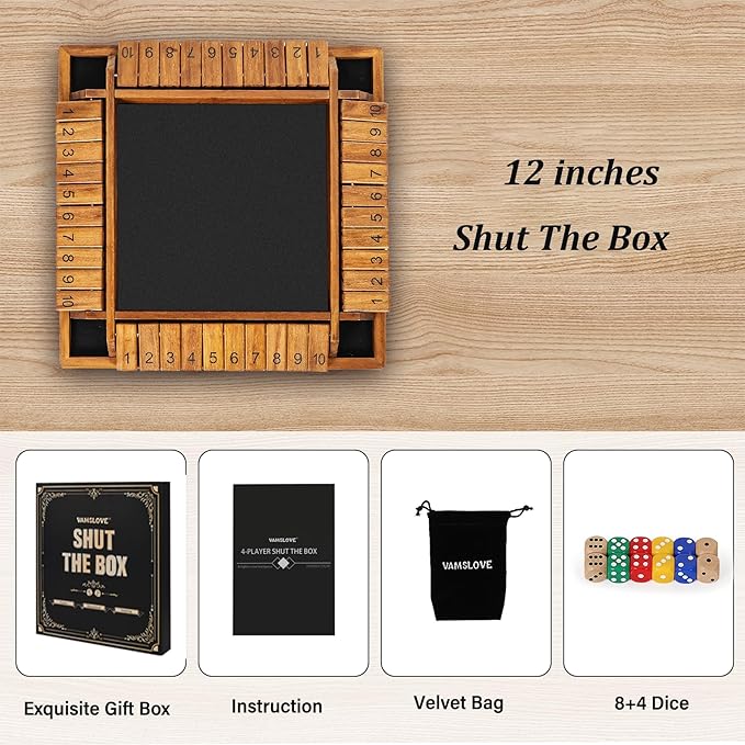 Vamslove 12 inches Shut The Box Dice Game Wooden Board Table Math Game with 8+4 Dice for 2-4 Player, 4 Sided 10 Numbers Close The Box for Kids Adults(Instructions Included)