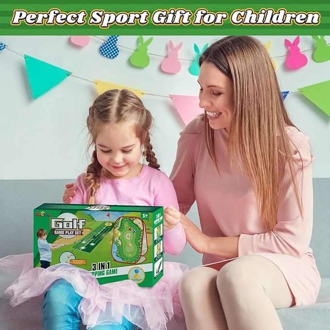 Toddler Golf Toys Set for Kids - Game with Double-Sided Golf Chipping Cornhole Board, 12 Ball, 2 Adjustable Clubs, Indoor Outdoor Birthday Gifts for Girls Boys 3 4 5 6 Years Old