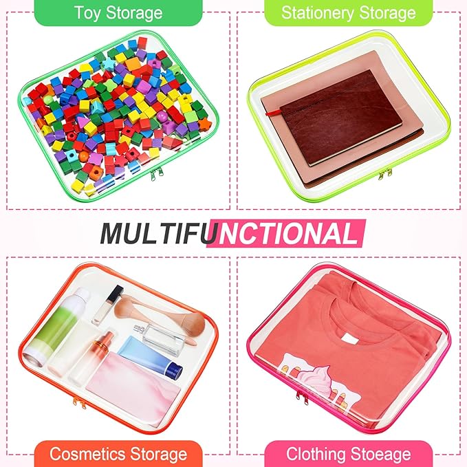 Hoolerry 4 Pcs Hard Clear Zipper Case Transparent Cases for Snacks Makeup Bag Plastic Storage Box Containers for Building Blocks, Puzzles, Cosmetics(Fluorescent,13.8 x 11.8 x 2 in)