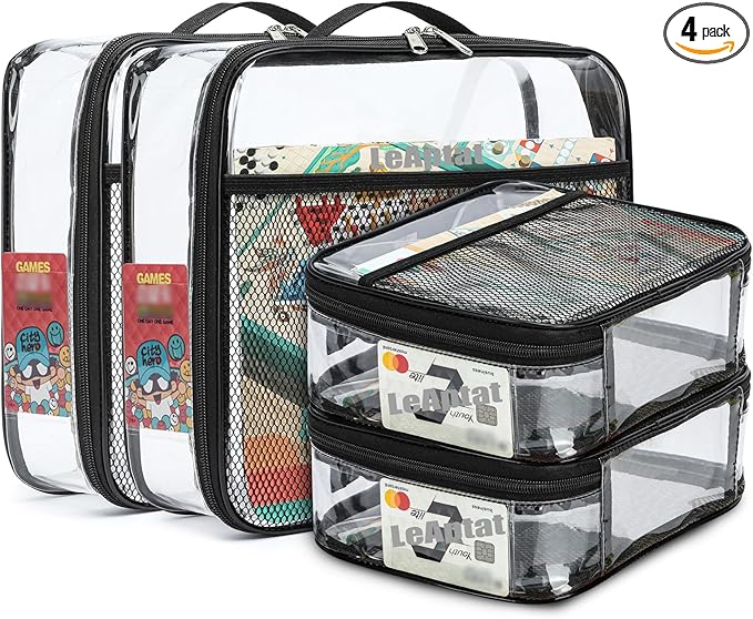 4 Pack Clear PVC Waterproof Toy Storage Bags with Name Tag Pockets - Zippered Organizer for 2x4 Building Blocks, Puzzles, Travel Toiletries, Kids Room Organization (Black, S & M)