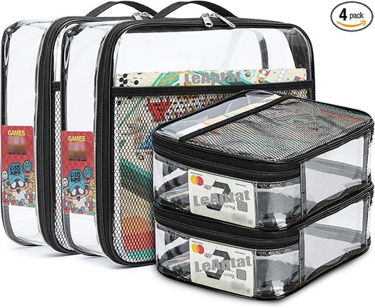 4 Pack Clear PVC Waterproof Toy Storage Bags with Name Tag Pockets - Zippered Organizer for 2x4 Building Blocks, Puzzles, Travel Toiletries, Kids Room Organization (Black, S & M)