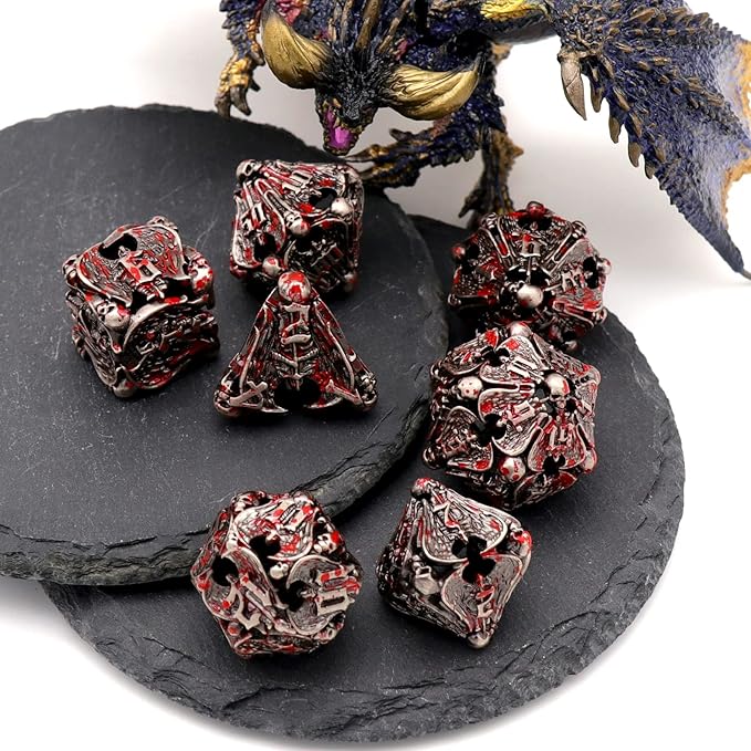 DND Dice,Metal Dice Set with Box HNCCESG,Hollow Dice Set of 7,Game dice for Dungeons and Dragons,Role Playing Dice Gaming D&D Dice for Board Game RPG Warhammer (Angel Blood Splatter)