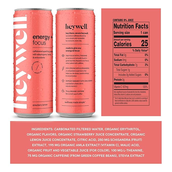 Heywell Sparkling Adaptogenic Water Energy and Focus, Strawberry Lemon Flavor 12 Fluid Ounce (Pack of 12) - Caffeinated, Organic, Non GMO, Vegan, Gluten Free, Dairy Free