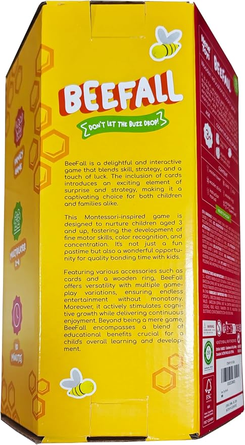Nene Toys BeeFall, 4-in-1 Wooden Honey Bee Toy for Kids Ages 3-9 - Educational Game with Wooden Honeybee Hive, 12 Bees, Colorful Sticks, Dice & Cards - Fun Family Game for Cognitive Development