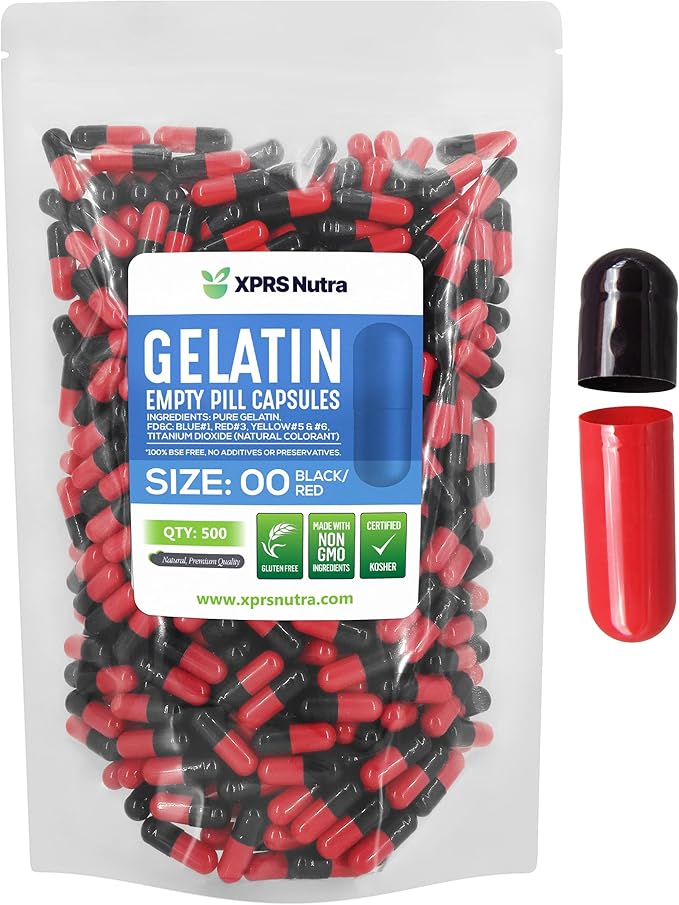 XPRS Nutra Size 00 Empty Capsules - 500 Count Empty Gelatin Capsules - Pills DIY Capsule Filling - Fillable Pill Gel Caps for Do-It-Yourself Supplements (Black/Red)