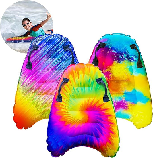 JAMBO Inflatable Surf Body Board with Handles, Boogie Board for Beach, Surfing Swimming Floating Surfboard Boards, Pool Floats Pool Beach Toy for Kids (Tie-Dye, Water Color and Color Spiked) - 3 Pack