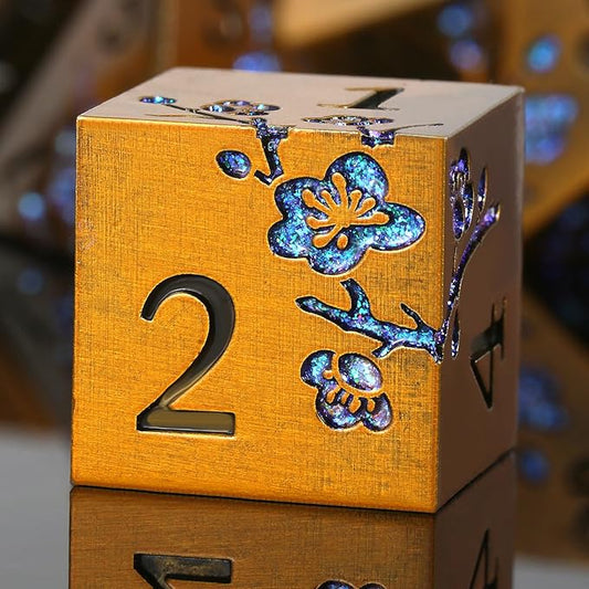 Metal Dice Flowers, 7 PCS Metallic Dungeons and Dragons Dice Set with Gorgeous Gift Case for DND Dungeons and Dragon Tabletop Game (Ancient Brass with Blue Flowers)