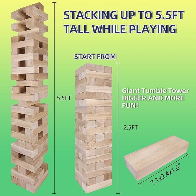 GOTHINK Giant Tumble Tower Game, Large Tumbling Tower Stacking Up to 5.5 FT 54pcs Wooden Jumbo Blocks for Outside Yard Games with Carry Case Timber Stacking Game Night Toy Gift for Kids Adults Family