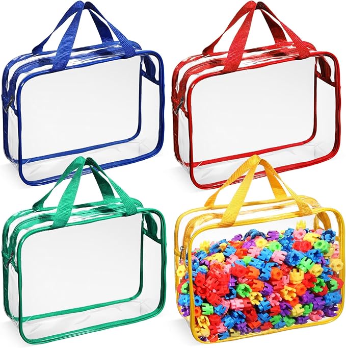 Sanwuta 4 Packs Large Toy Storage Bags Reusable Clear PVC Organizing Case Bags with Two Handles Waterproof Toy Container for Board Games, Building Blocks, Puzzles, Small Toys and Kids Books(Bright)