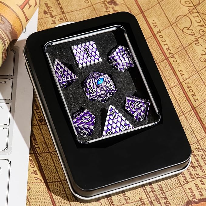 Metal Dice Set D&D,7 PCS Dragon Scale Metallic DND Dice Set,Dragon Eye Metal Dice with Grogeous Gift Case for Dungeons and Dragon Tabletop Game (Purple Dragon Scale & Blue Eye)