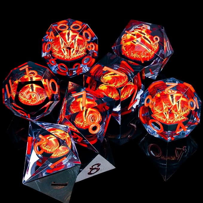 ARUOHHA DND Resin Dice Gazes Eye Dice Liquid Core Flaming RPG Sharp Edged Dice Set with Gift Box, Polyhedral D and D Dice Set Compatible with Dungeons Dragons Role Playing Game D20 D12 D10 D8 D6