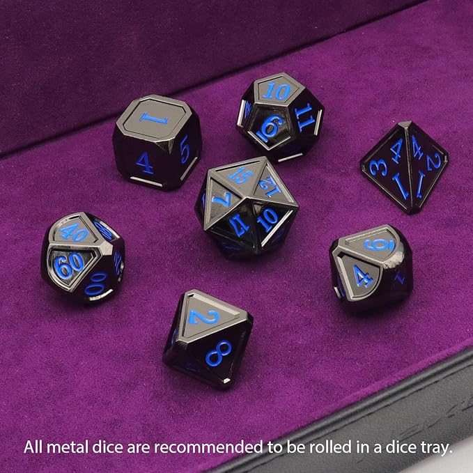 Haxtec Black Metal DND Dice Set D&D W/Gift Metal Case Polyhedral Dice for Dungeons and Dragons TTRPG-Black Blue Numbers