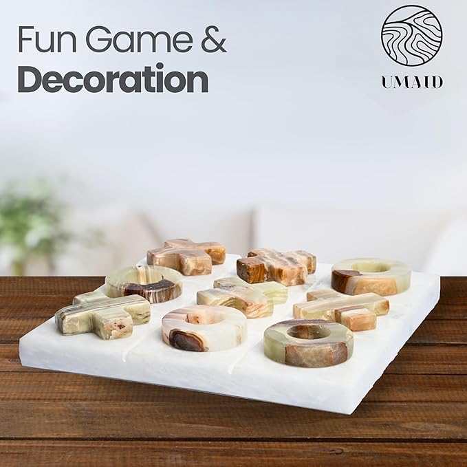 UMAID Luxury Marble Tic Tac Toe Game – A Sophisticated Touch for Dad This Fathers Day – Handcrafted 10” Onyx Board with Velvet Box – Elegant Solid Marble Decor for Coffee Table or Office