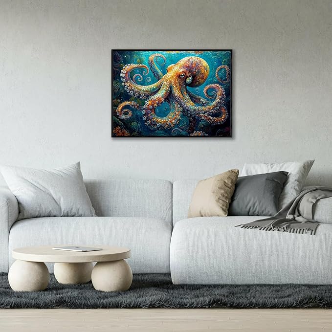 1000 Piece Puzzle for Adults - Deep Blue Octopus Jigsaw Puzzle, Intricate Underwater Art, Adult Challenge, Includes Poster & Storage Box