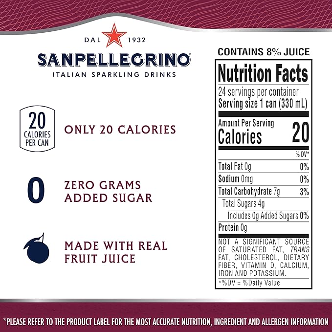 Sanpellegrino Zero Grams Added Sugar Pomegranate & Orange Italian Sparkling Drink, 24 Pack Of 11.15 Fl Oz Cans, Sanpellegrino Italian Sparkling Drinks, Low-Calorie Fruit Juice Beverages