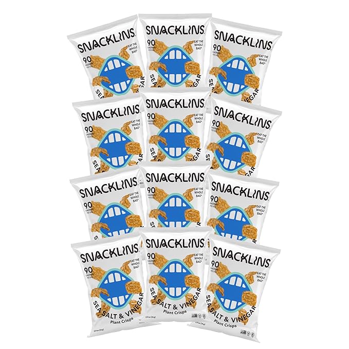 SNACKLINS Plant Based Crisps SEA SALT & VINEGAR - Gluten Free, Grain Free, 100% Kosher, Vegan Healthy Snacks, Crunchy Puffed Snack, Only 100 Calories Per Bag - .9oz (Case of 12)