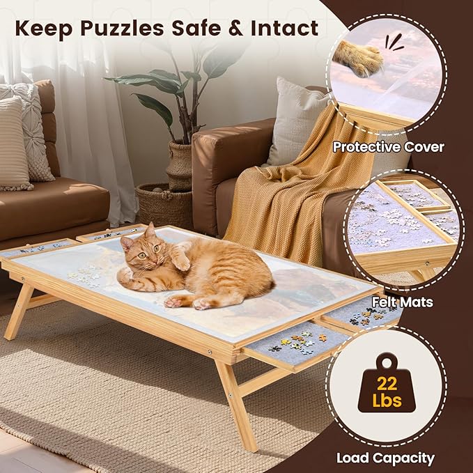 1500 Pieces Wooden Jigsaw Puzzle Board with Foldable Legs, 35"x26.8" Table with 4 Drawers and Protective Cover, Large Wood Folding Jigsaw Puzzle Table for Adults and Teens, Nature