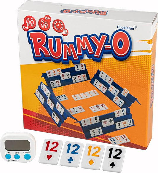Doublefan Rummy Game, Original Poker Rummy with Color Box, Classic Board Game for Adult and Kids,106 Tiles, 4 Playing Rack, 1 Timing, 1 Dice (2-4 Players)
