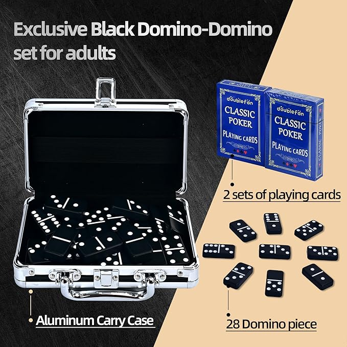 Dominos Set for Adults, Jumbo Size Black Dominoes for Classic Board Games, Double Six Jumbo Size Dominos Set 28 Tiles with Black Aluminum - Juegos de Mesa, Festival Present (2-4 Players)