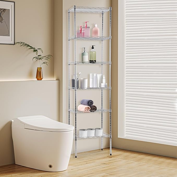 BestOffice Metal Garage Shelving 6 Tiers Garage Storage Shelves Heavy Duty 17”D x 12”W x 64”H Easy Assemble Wire Shelving NSF Certified Storage Shelves with Levling Feet for Home Garage Office, Chrome