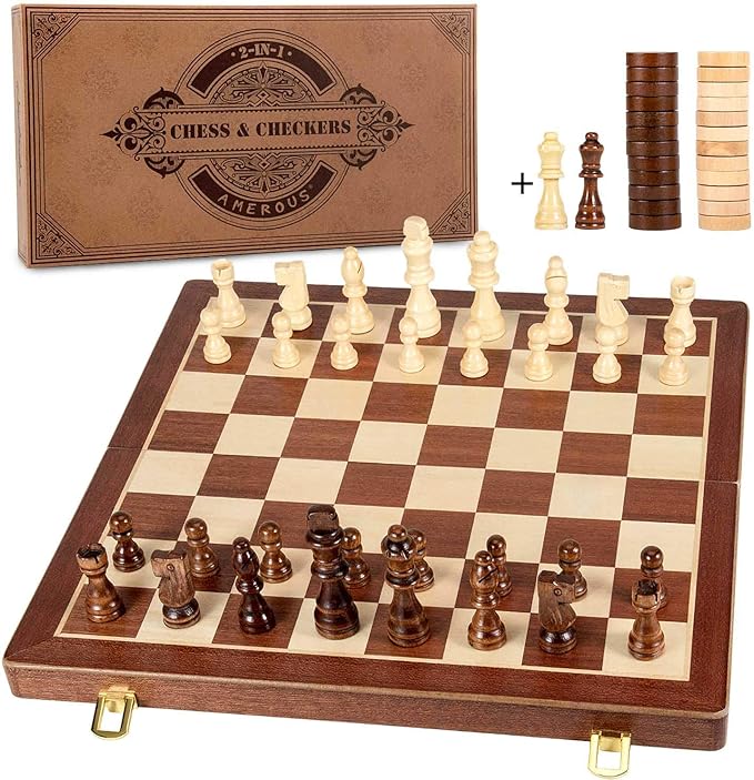 AMEROUS 15 Inches Magnetic Wooden Chess & Checkers Set (2 in 1) - Folding Board -Gift Box Packed -24 Cherkers Pieces -2 Extra Queens, Beginner Chess Set for Kids and Adults