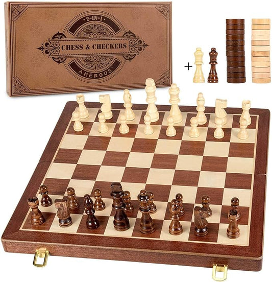AMEROUS 15 Inches Magnetic Wooden Chess & Checkers Set (2 in 1) - Folding Board -Gift Box Packed -24 Cherkers Pieces -2 Extra Queens, Beginner Chess Set for Kids and Adults