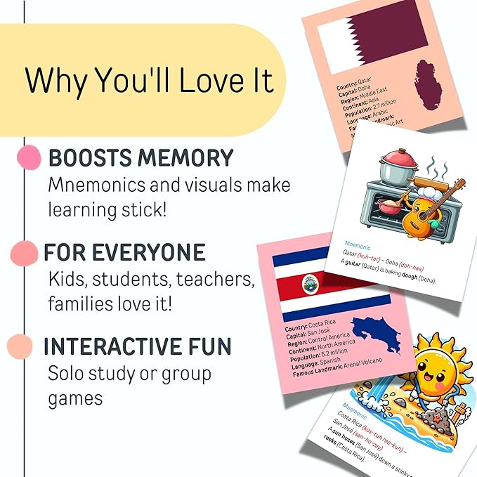 200 Geography Flash Cards for Kids & Adults | Learn Countries & Capitals with Fun Memory Tricks, Games & Illustrations | Includes Country Flags & Fun Facts