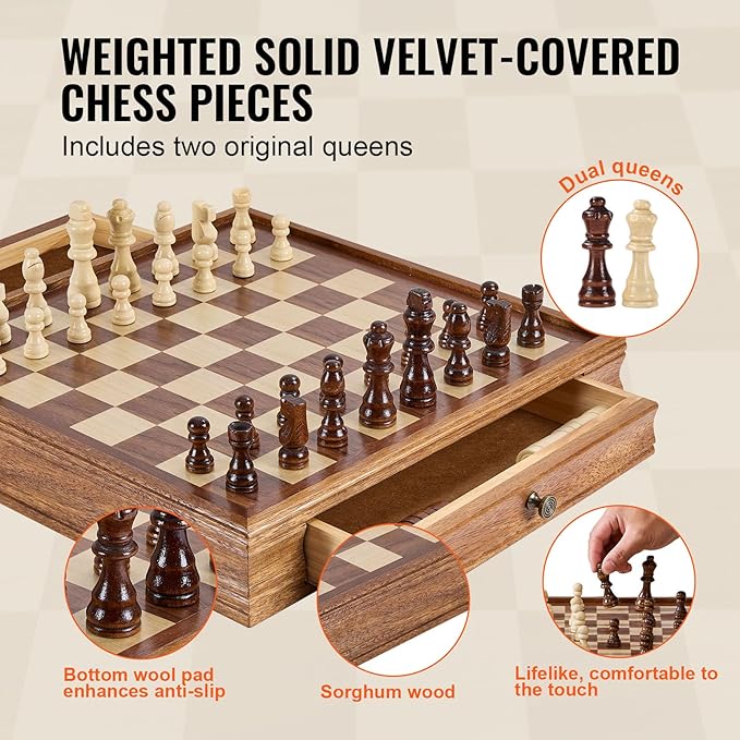 VEVOR Solid Wood Chess Set, 15 inch 2-in-1 Chess Checkers Game Set, Chess Board Games with Storage Drawer & Weighted Chess Checkers Pieces & 2 Queens, Christmas Crafts Xmas Gift