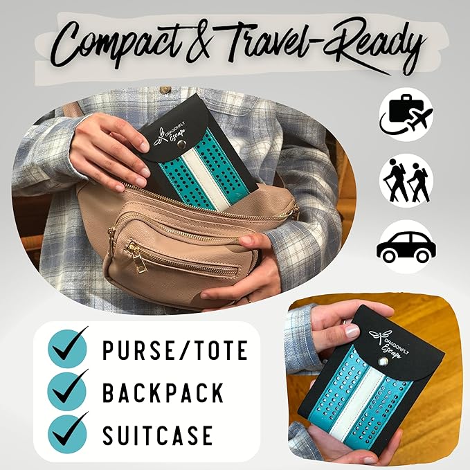 Folding Travel Cribbage Game | Unique Lightweight Cribbage Board | Travel Cribbage Board | Portable Travel-Size Cribbage Set (Teal & White)