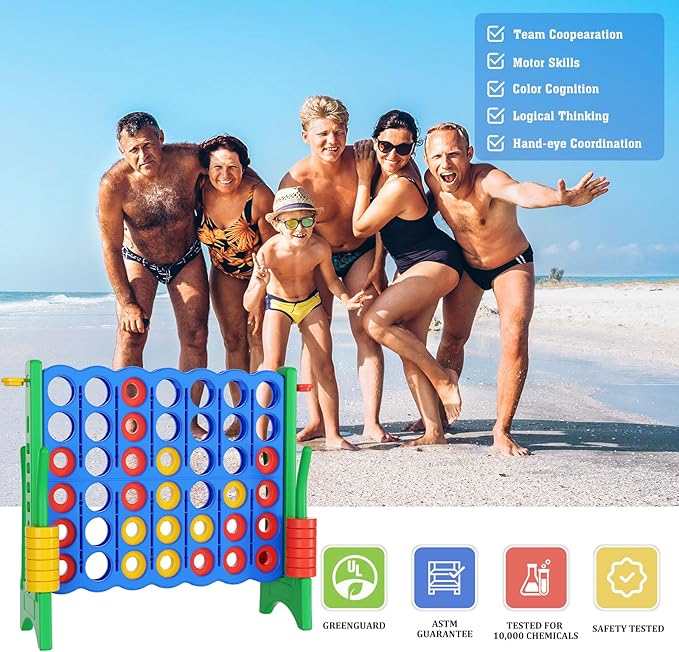 Oversized 4 in a Row Connect Game+Waterproof Carry Bag,Included-4 ft X 3.5 ft Tall,4-to-Score Jumbo with 44 Pieces Rings&Drink Holder,48” Super Size-Indoor&Outdoor Giant 4 Game for Kids&Adults