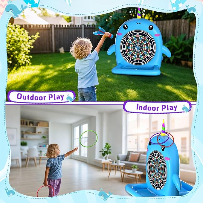 Swimming Pool Toys, 2-in-1 Inflatable Floating Dart Board Water Game, Darts Hoop Rings Outdoor Pool Games, Beach Yard Indoor Playset, Summer Family Party Birthday Gift for Kids Teen and Adults