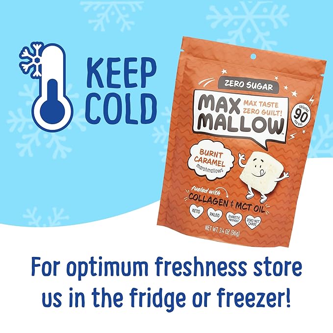 Max Mallow Sugar Free Marshmallows - Keto Friendly, Perfect for S'mores, Hot Chocolate, and Baking with Zero Sugar Snacks, Smores Mct Oil Zero Sugar Marshmellow Marshmallow Burnt Caramel, 6 Pack