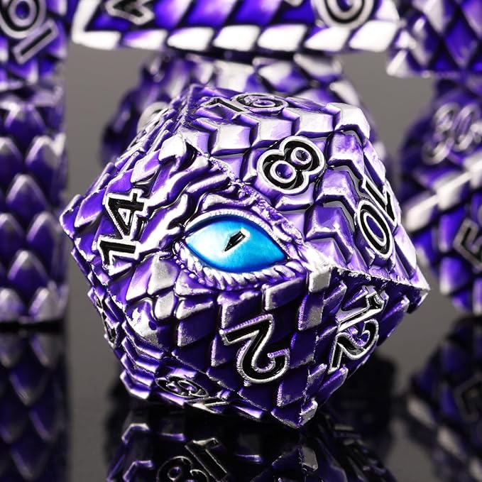 Metal Dice Set D&D,7 PCS Dragon Scale Metallic DND Dice Set,Dragon Eye Metal Dice with Grogeous Gift Case for Dungeons and Dragon Tabletop Game (Purple Dragon Scale & Blue Eye)