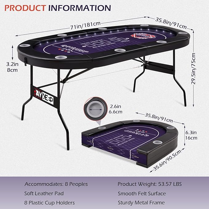 71" LED Poker Table - 8 Player Foldable Texas Hold'em Table with Built-in LED Lights, Padded Rails & 8 Cup Holders, Portable Casino Card Table for Home Game Room & Parties