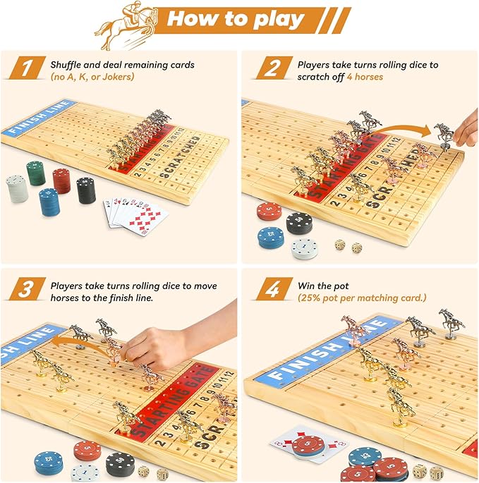 Horse Race Board Game 21" Large Horse Racing Game with 11 Luxury Metal Horses, Foldable Wood Chess Board with Storage Bag, 2 Wood Dice, Chips Set, Playing Guide for Family Friends Party Games