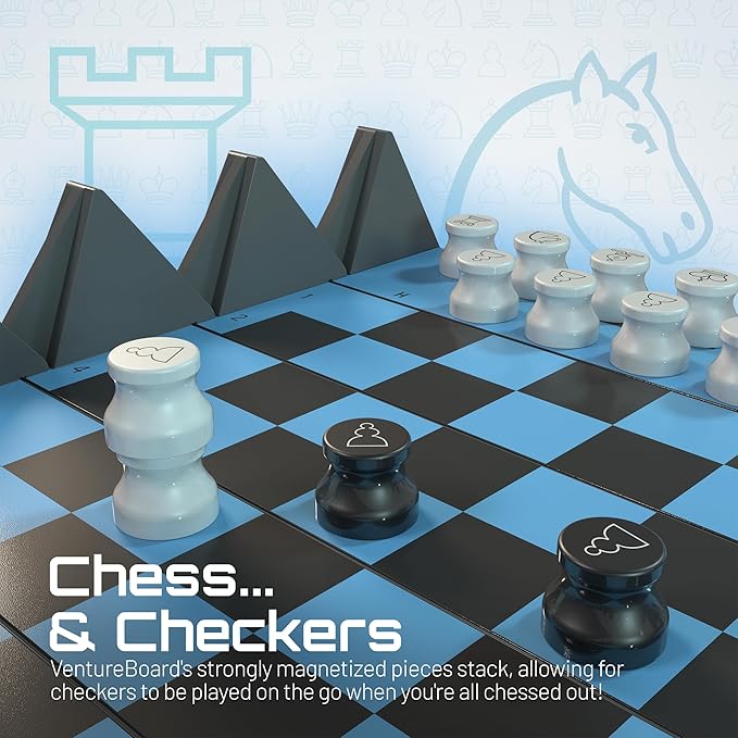New VENTUREBOARD 6 Inches Magnetic Unique Chess Set Board Game - 2 Extra Queens - Folding Board, Portable Travel Chess Board Game Pieces - (Blue/Grey)
