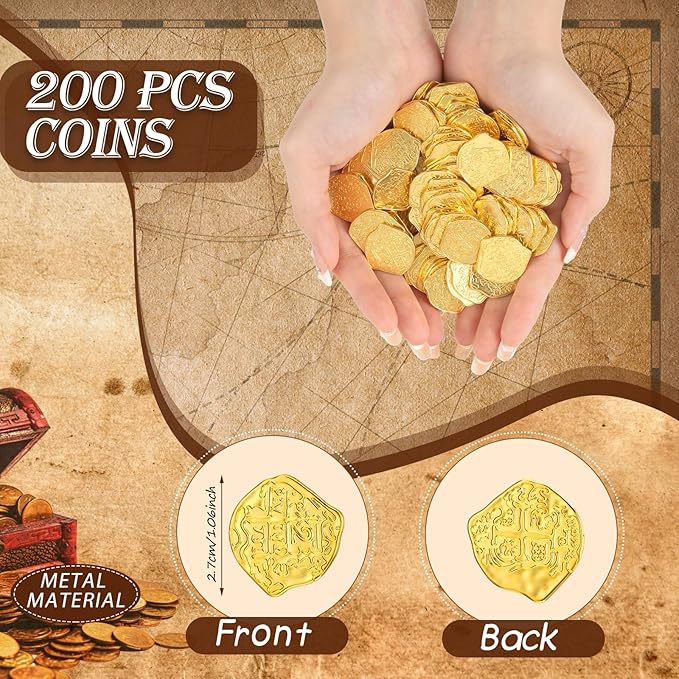 Hanaive 200 Pcs Metal Pirate Coins Set Gold Coins Treasure Chest Spanish Doubloon Fake Tokens for Boys and Girls Board Games Pirate Party Cosplay(Gold)