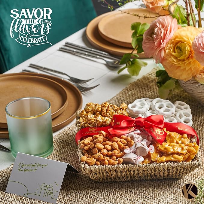 KREMERY Creamy Chocolate Cravings - Chocolate Covered Pretzels & Caramel Popcorn Gift Basket, in Seagrass Tray + Ribbon (Classic, 1.5 lbs) Food Arrangement, Kosher Dairy, USA Made