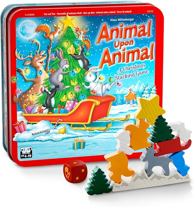 HABA Animal Upon Animal Christmas Limited Edition Wooden Stacking Game in Collector's Tin - Fun Games with Wooden Animals & Christmas Games