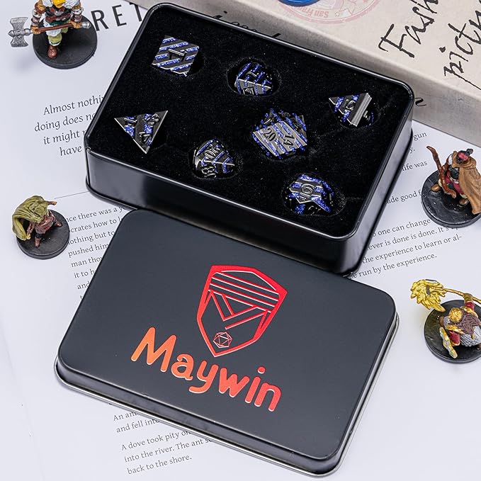 Anitque Metal Dice D&D,Metal Glitter Stripe Dice 7pcs Set with Gift Case,Polyhedral Dice for Role Playing Game (Black Nickel Dark Purple)
