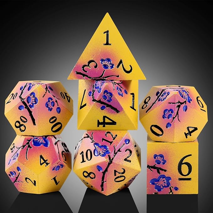 DNDND Flowers Metal Dice, 7 PCS Metallic DND Dice with Gorgeous Gift Case for D&D Dungeons and Dragon Tabletop Game (Earth Yellow and Purple)